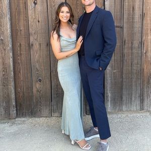 Saints & Secrets Halter Floor Length Grey Blue Dress